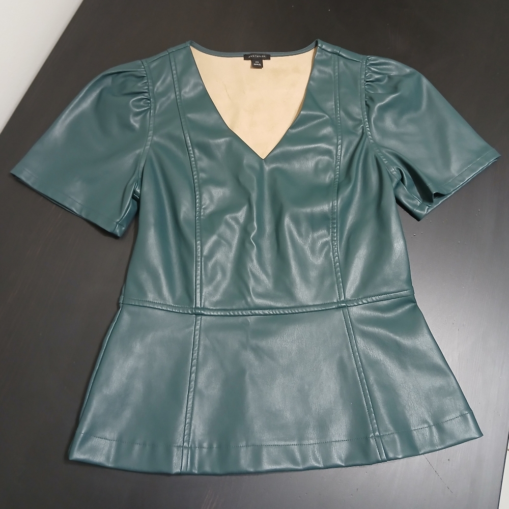 Ann Taylor faux leather peplum top with puff sleeve